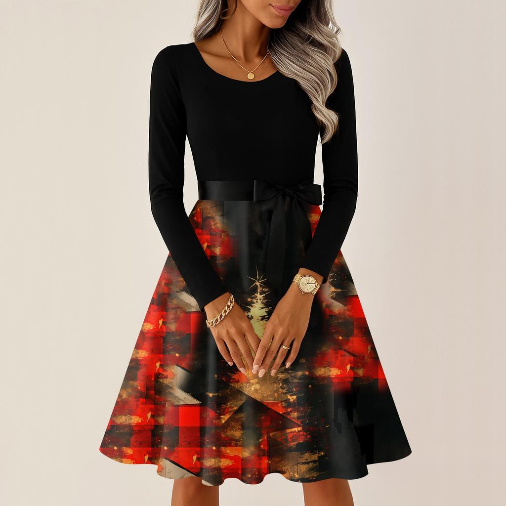 Women's Casual Fashion Round Neck Long Sleeve Christmas Printed Party Vintage Long Dresses