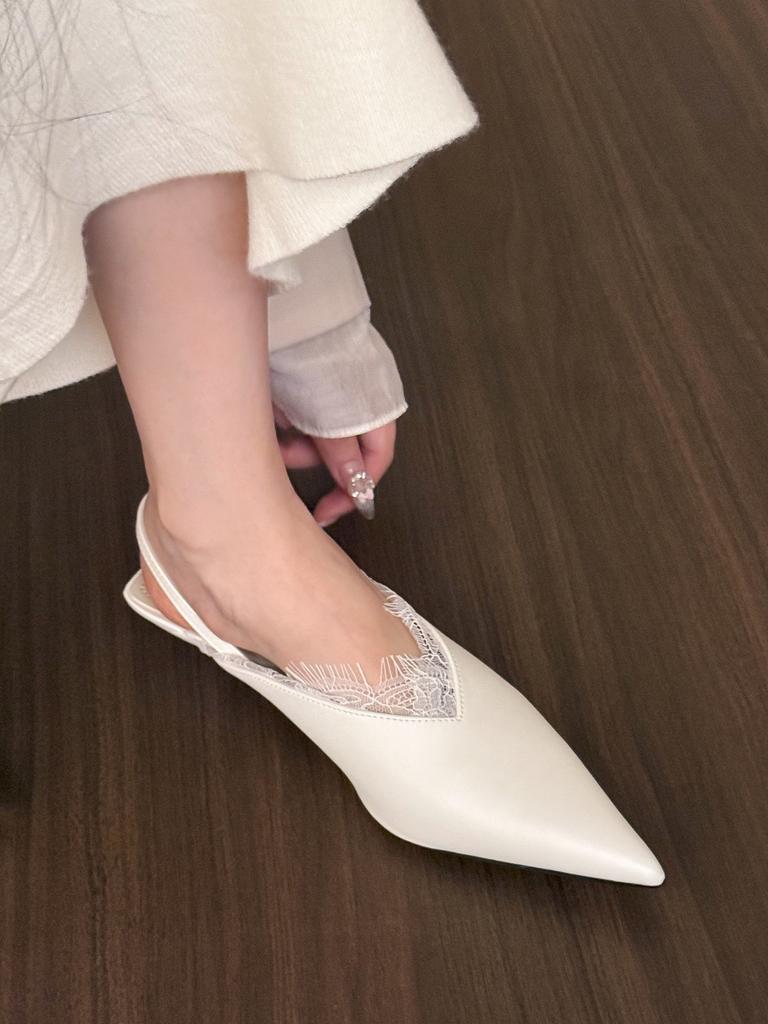 White Fantasy • Lace Light Mouth Single Shoes Women's 2025 Spring Pointed Back Low Heel Sandals