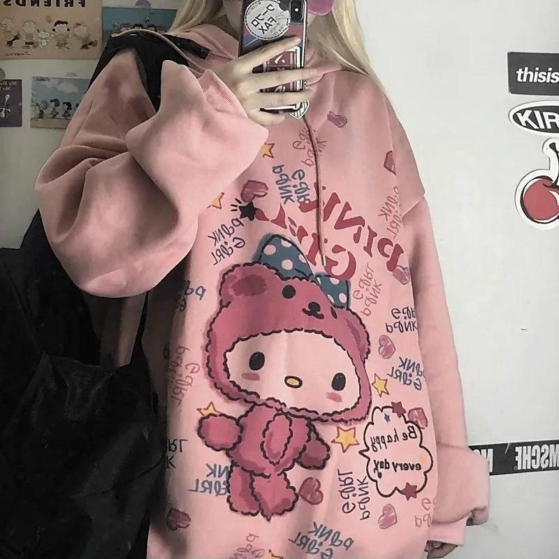 Kawaii Harajuku толстовка для женщин корейский свитшот с принтом аниме винтажная розовая толстовка большого размера милая одежда топы для девочек