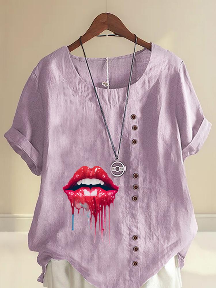 Women's Fashion Red Lips Print Round Neck Short Sleeve T-shirt Casual Cotton Linen Graphic Shirt Leisure Loose Summer Blouse Tops