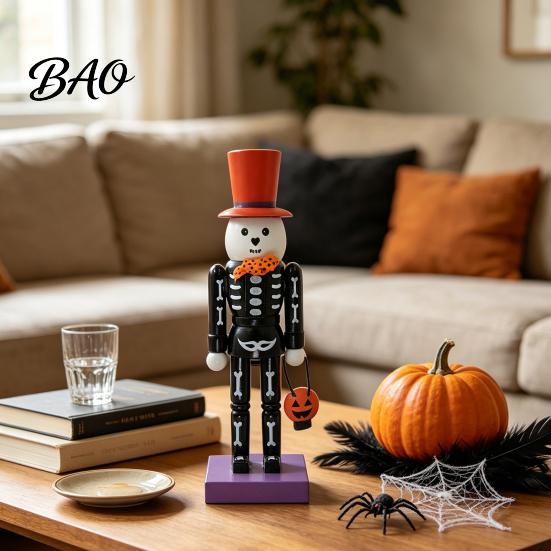 Unique Halloween Party Decoration Nutcracker Wooden Figurine, Hand-Painted Skeleton Soldier Ornament, Retro Style Decorative Statue for Home Tabletop