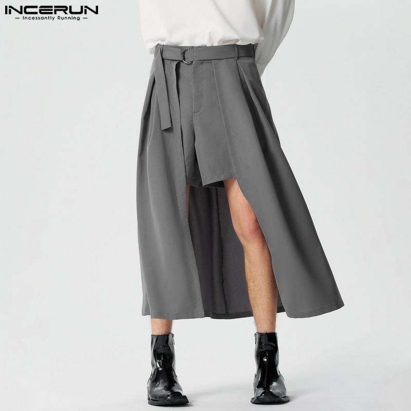 INCERUN Men Solid Color Zipper Up Belted Shorts Skirts Irregular Kilts