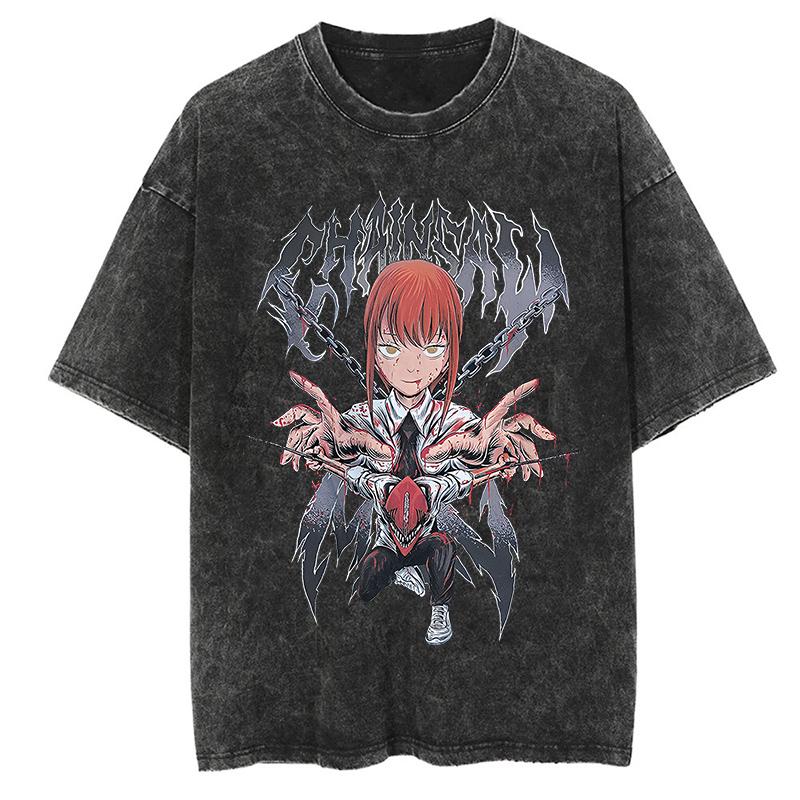 Chainsaw Man Anime Clothing Makima Graphic Print Tee Men Women Oversized Casual Tshirts Harajuku Male Washed Cotton T-shirt