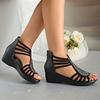 Roman Slope Heel Thick Bottom Round Toe Open Toe Solid Color Back Zipper Women's Large Size Roman Sandals