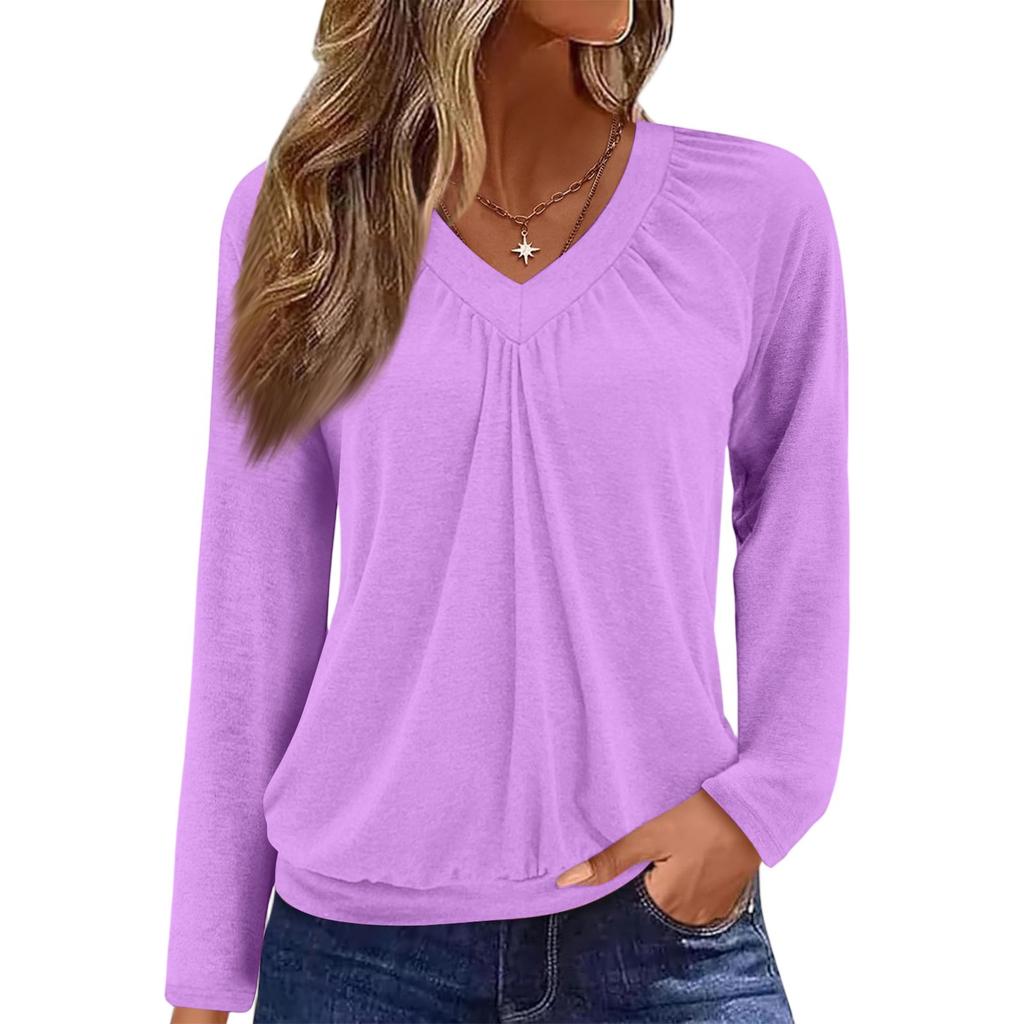 Women's Casual Fashion V-Neck Raglan Pleated Solid Color Long Sleeve Top