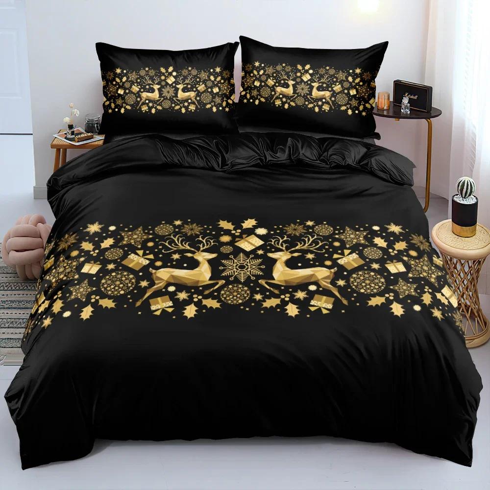 Black and Gold Style Merry Christmas Design 3D Floral Bedding set Duvet Cover sets Flower Bed Linen Custom King Queen Full Size