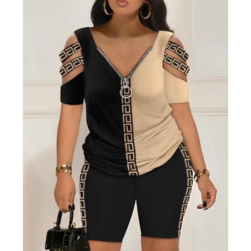 Весенне-летний комплект из двух предметов с короткими рукавами и принтом для женщин