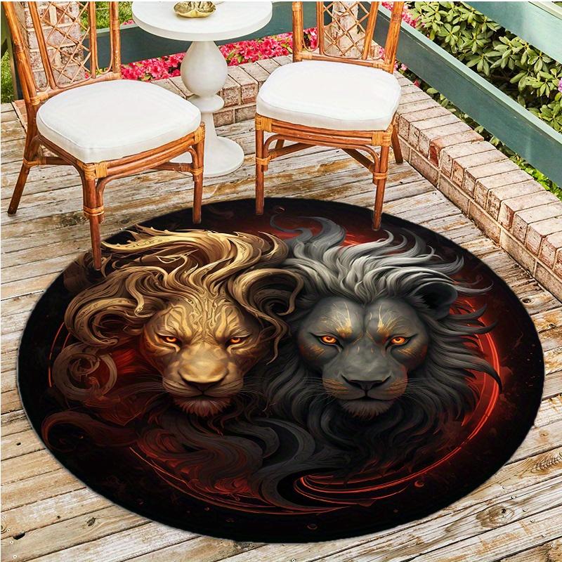 Grey Yellow Lion Round Rug Floor Mat Doorway Rug With Nonslip Backing Outdoor Patio Camping Rug Floor Mat Living Room Bedroom Decoration
