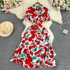 Vintage Robes Puff Short Sleeve Lapel Neck Vestido Wrapped Waist Slim Medium Length A-Line Print Dress