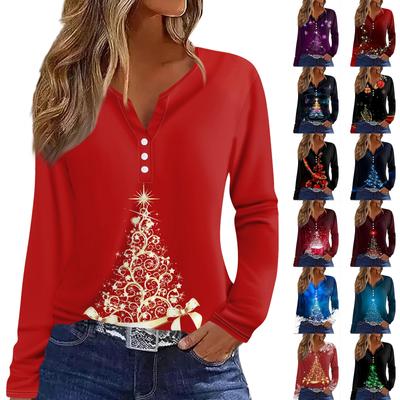 Женская футболка с рождественским принтом на пуговицах с длинным рукавом, повседневная, выходного дня, модная, базовая, с V-образным вырезом, обычная
