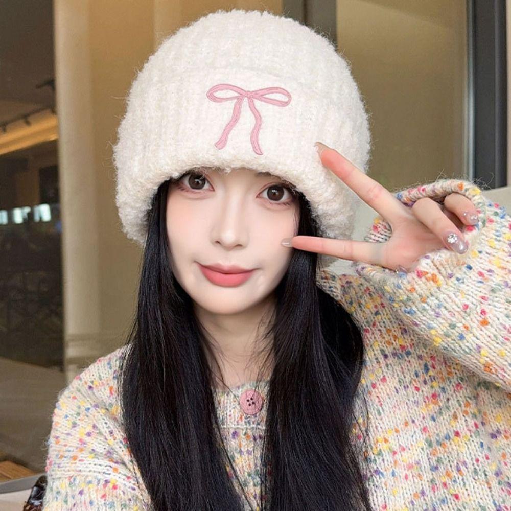 Теплая шапка с бантом, вязаная шапка, однотонная вязаная шапочка, милая вязаная крючком шапочка для бассейна, для улицы