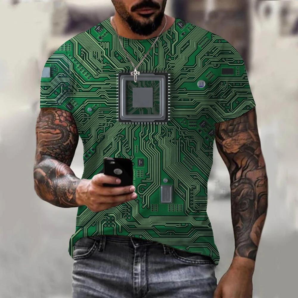 2024 Newest Circuit Board Pattern 3D Print Summer Men's T-shirt Creative Casual Electronic Chip Short Sleeve Harajuku Street Top