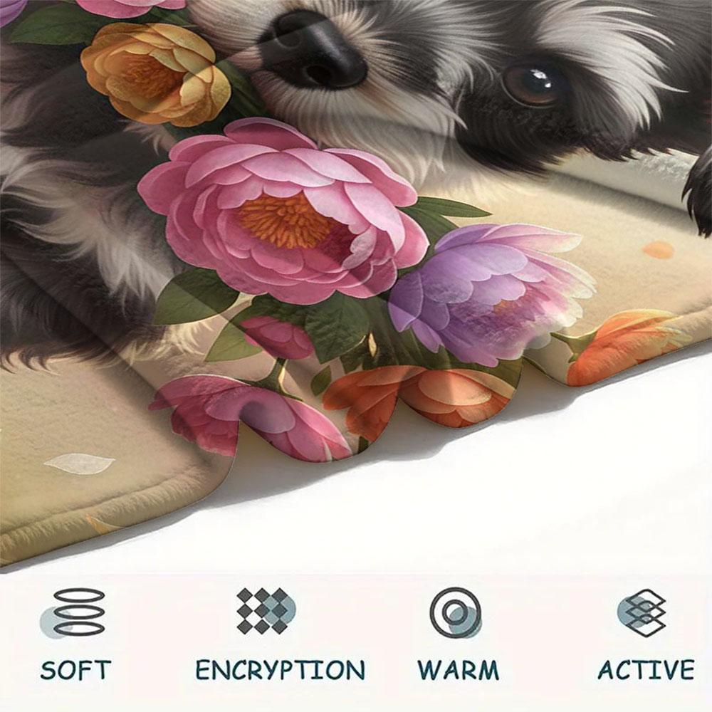 1Pc DogsandFlowers Print Flannel Blanket, High quality Comfortable for All Seasons, Home Decor, Warmth and Comfort, Perfect for Christmas Gifts