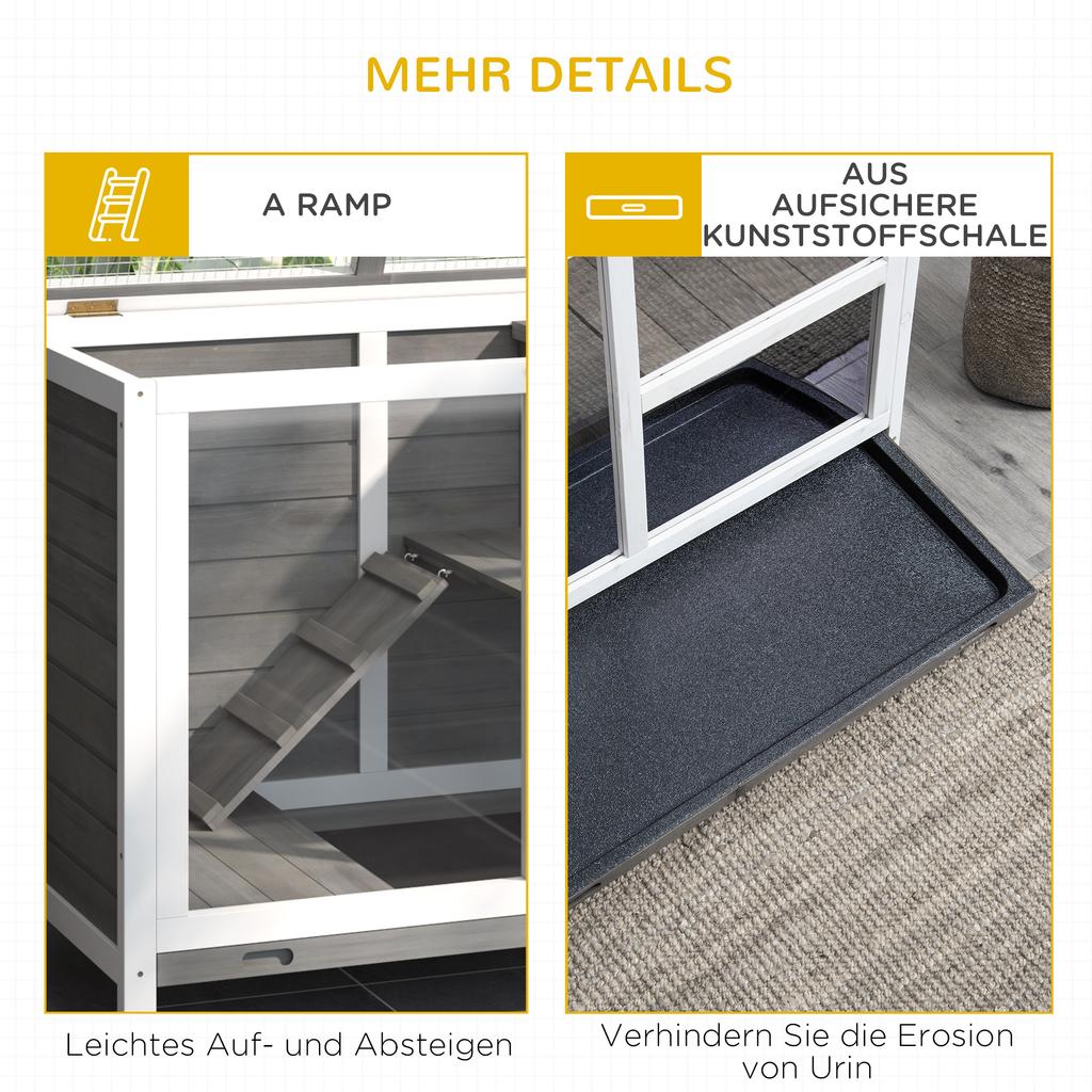 Small animal hutch with 2 levels, 4 wheels, sealed fir wood, grey