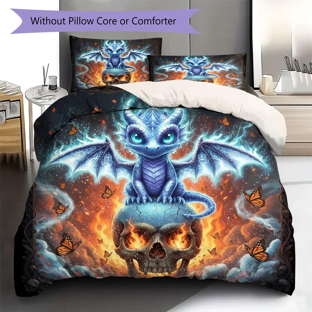 SkeletonDragon Pattern Bedding Quilt Set Quilt Cover Pillowcase Home Decoration Birthday Gift (1 * duvet cover + 2 * pillowcase, without core)
