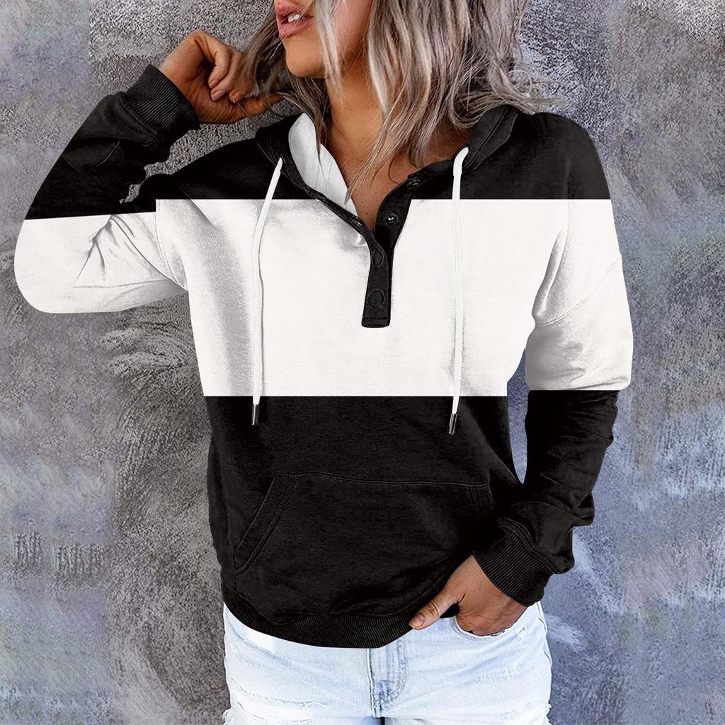 Womens Hooded Button Collar Drawstring Hoodies Pullover Sweatshirts Casual Long Sleeve Tops Shirts