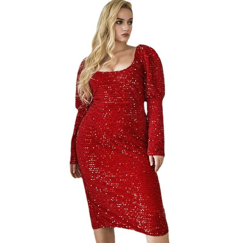 Slimming Women's Fashion Revealing Backpack Hip Dress Long Sleeve Sequin Long Dress