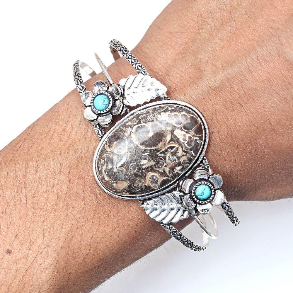 Turtela Jasper Gemstone Антикварные серебряные ювелирные изделия Браслеты-манжеты 7''Регулируемые