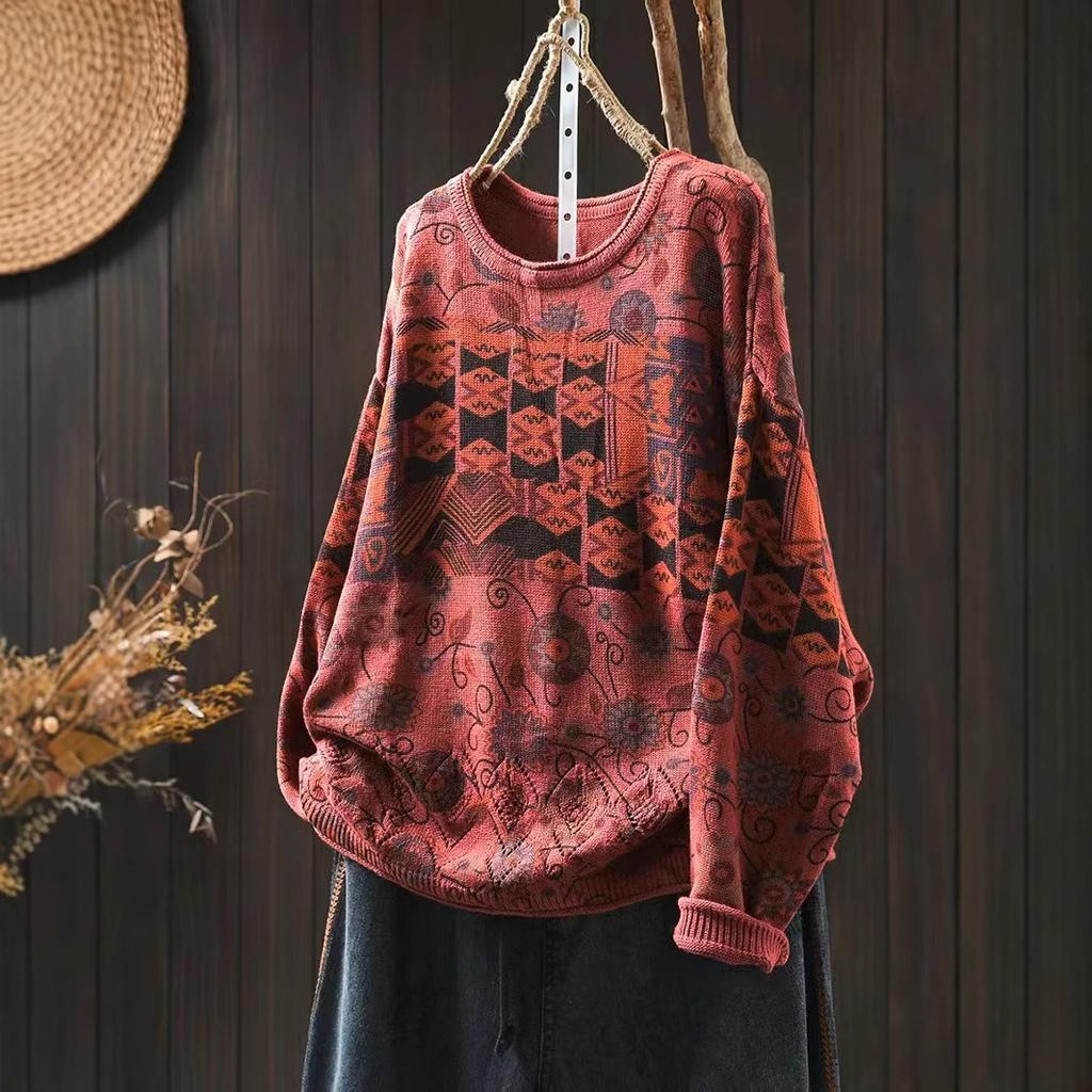 Зимний ретро цветной хлопковый трикотажный свитер женский свободный большой доски личность повседневный пуловер с круглым вырезом