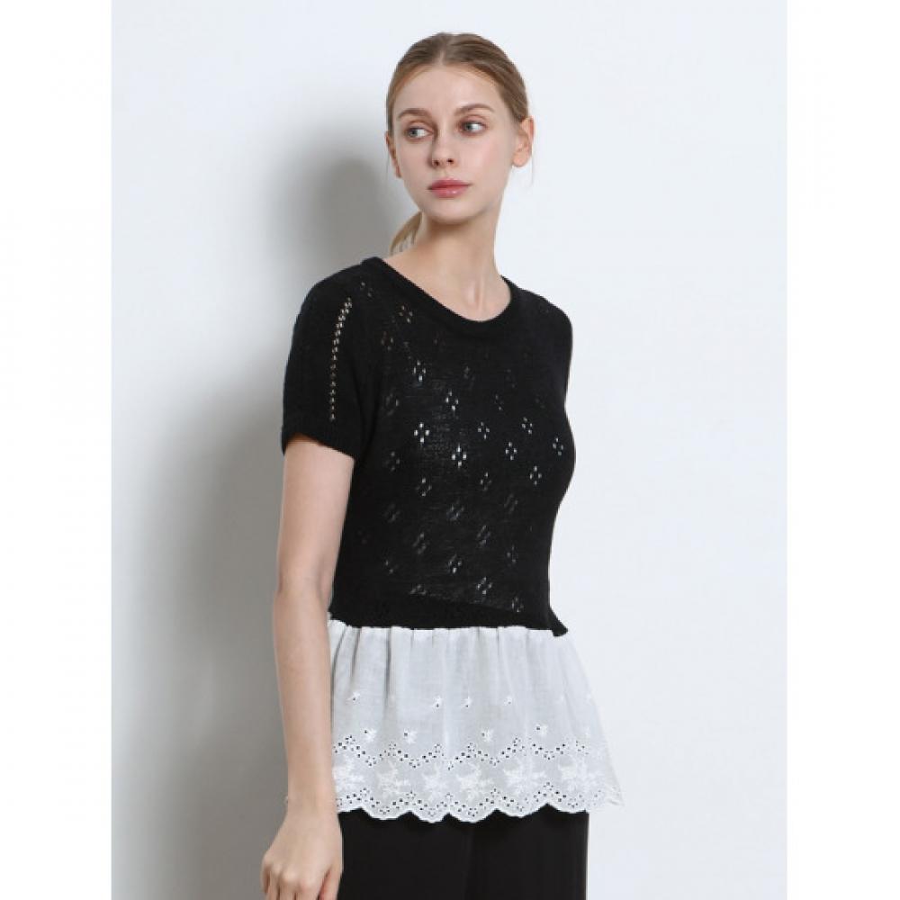 Ozoc Woven Cut Round Neck Scallop Short Sleeve Sweater