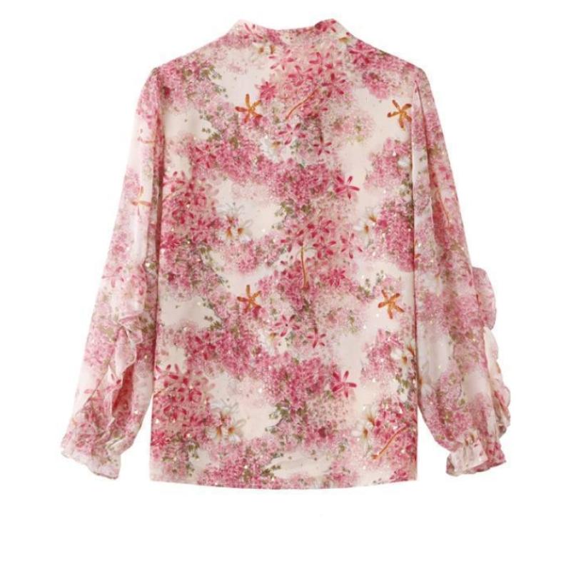 Шифоновая рубашка с цветочным принтом, женская весна/лето, новая корейская блузка с воротником-шарфом и бантом, модная свободная блузка с длинными рукавами