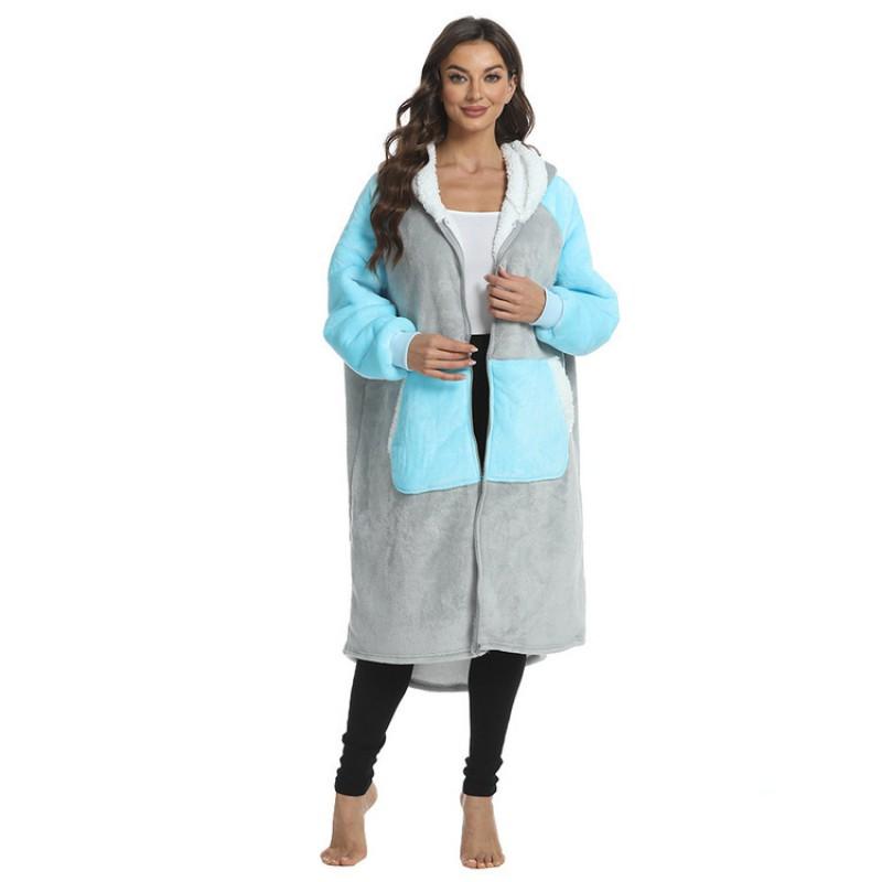 Womens Winter Hooded Sweatshirt Blanket Color Block Loose Warm Flannel Robe