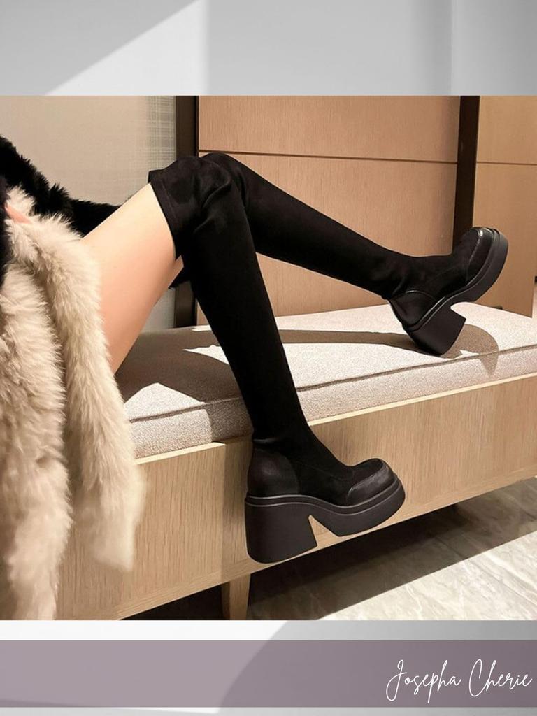 Сапоги до колена на толстой подошве Короткие сапоги Сапоги Сапоги до колена Сапоги на платформе Сапоги-носки Сапоги из натуральной кожи Длинные сапоги Водонепроницаемый черный каблук из овчины