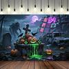 Graveyard,Jack-O'-Lantern,Crow,Ruins Design-Halloween Backdrop Cloth for Photo Booth,Indoor/Outdoor Parties,Themed Event