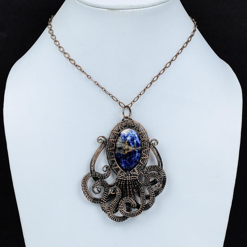 Кулон из содалита, обернутый медной проволокой, Кулон из драгоценного камня, Медные украшения, Кулон ручной работы, Кулон в виде осьминога, Подарок для него, Удивительные украшения из проволоки