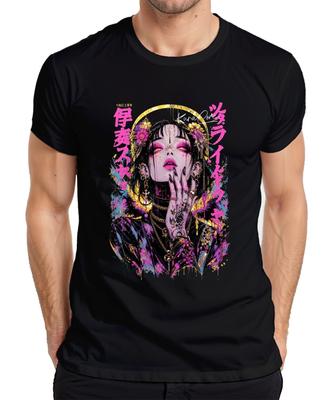 Cyberpunk Manga Woman Gothic Tattoo Floral E-Girl Neon Aesthetic Mens T-Shirt