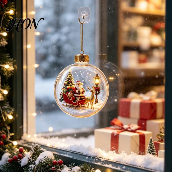 Decorative Acrylic Holiday Spheres 3D Christmas Faux Crystal Ball Ornament, Lighted Reindeer Sleigh LED Pendants Snow Scene Hanging Decor for