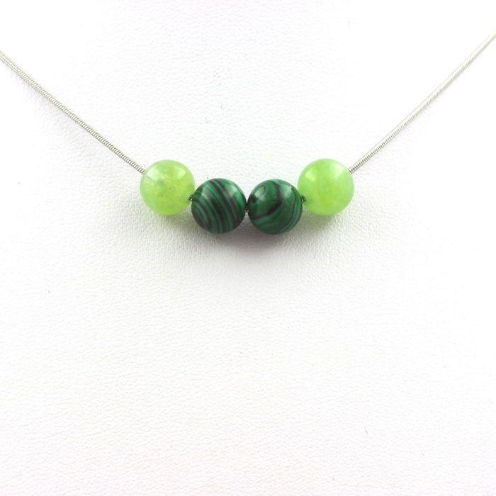 Stones and Minerals. Malachite + Peridot 8 Mm Pearl Necklace. Stainless Steel Chain. Necklace Women, Men. Custom Size