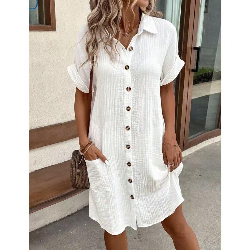 2024 Women's Casual Cotton Linen Short Sleeve Dress – Solid Color, Mid-length, Button-Down