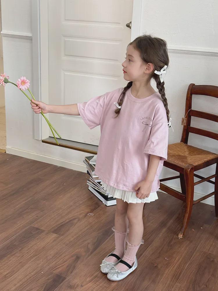Свободное платье-футболка в корейском стиле для девочек с бантом сзади - летняя одежда с короткими рукавами, средний размер