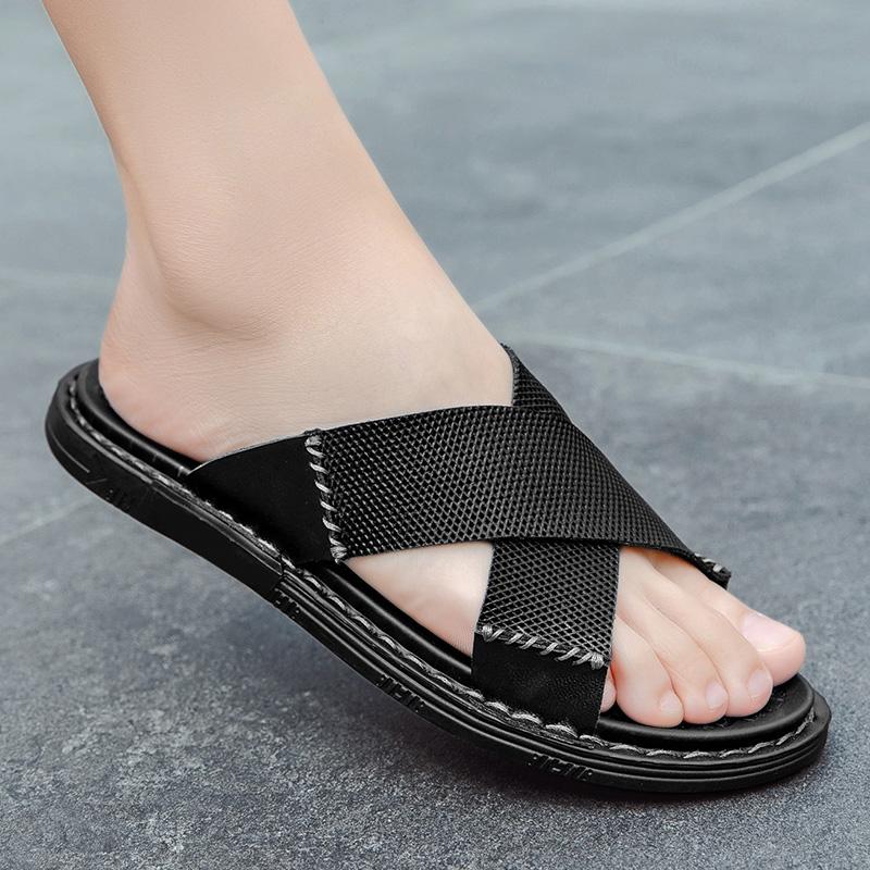 2024 Летние сандалии мужские из натуральной кожи классические черные тапочки в стиле крест-накрест пляжная обувь тапочки с открытым носком дышащая обувь для улицы