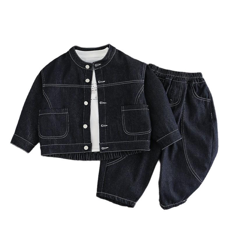 2025 Spring & Autumn Korean Style Trendy Kids' Denim Jacket and Wide-Leg Pants Fashion Three-Piece Set