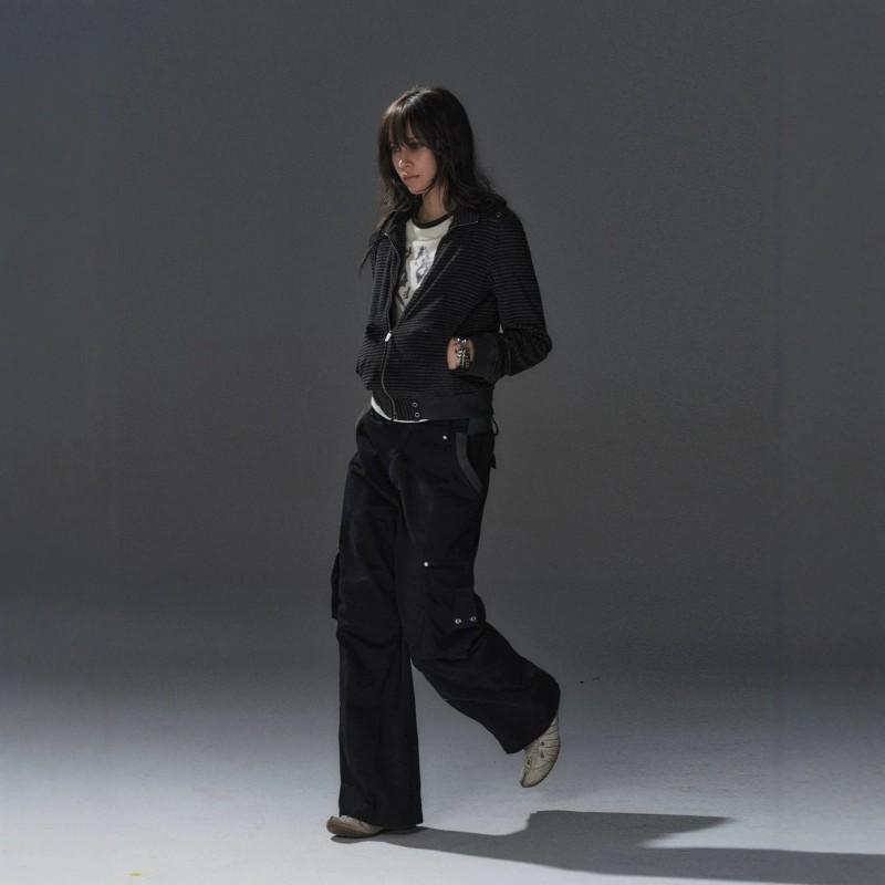 Unisex Black Gray Striped Stand Collar Zip-Up Hoodie Oversized Streetwear Jacket With Rivets Patch Detail
