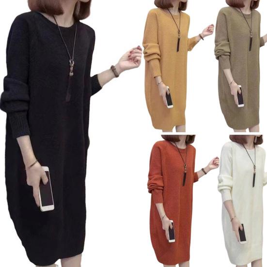 Женское платье-свитер с круглым вырезом, вязаное однотонное свободное эластичное платье с длинными рукавами и толстым теплым пуловером длиной до середины икры, женское осеннее платье миди