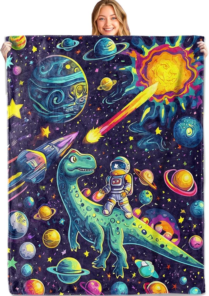Space Adventure Dinosaur Throw Blanket,Soft,Lightweight Flannel,Astronaut Dino Planet Blankets - Gifts for Kids Boys Gir