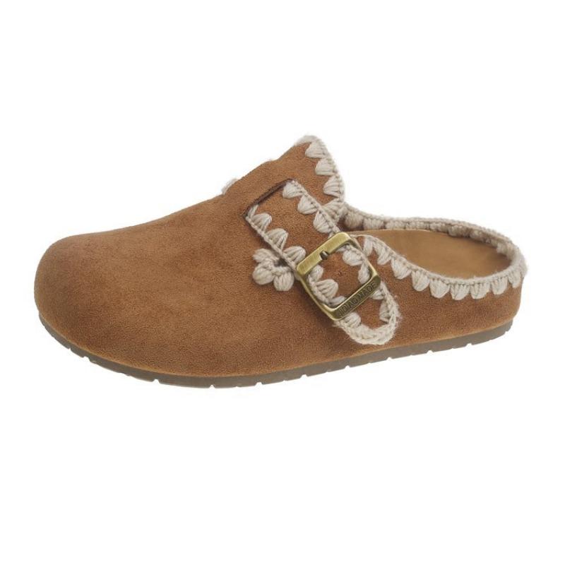 Retro Rubber Sole One-pedal Slippers Autumn and Winter New Bag Head Lazy Shoes Embroidered Platform Slippers