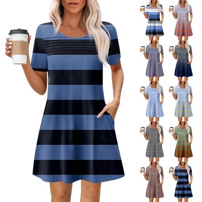 Женские летние повседневные платья с круглым вырезом, плиссированные, с карманами, с принтом, с коротким рукавом