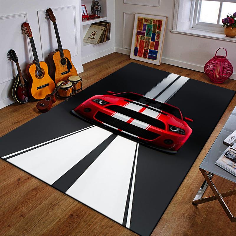 "Red Sport Car with Racing Stripes" Patterned carpet a non slip rug suitable for all seasons and any setting, gift