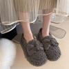 Fairy Wind Bow Flat Bottom Fluffy Shoes Female 2025 Autumn and Winter New Female Single Shoes One Pedal Warm Velvet Cotton Shoes