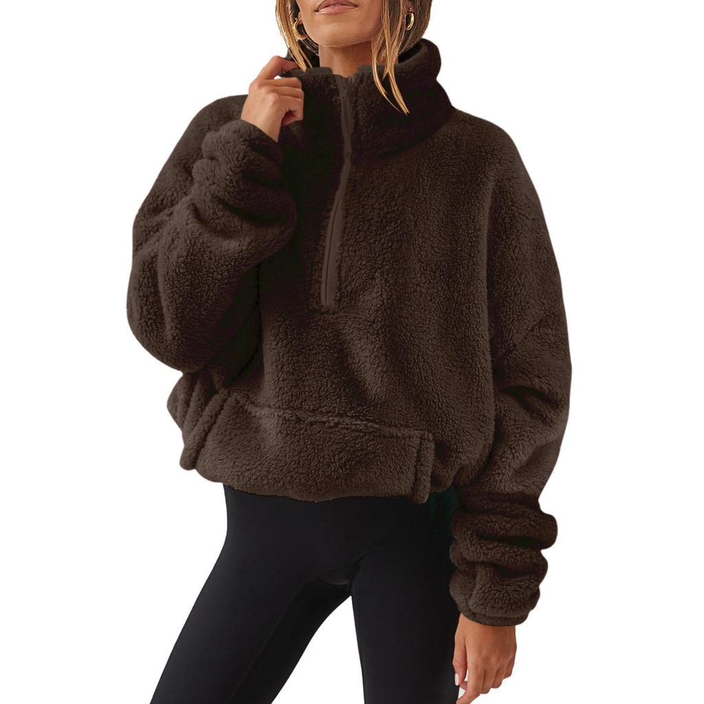 2025 Autumn Winter Women's Plush Fleece Half Zip Sweatshirt, Stand Collar Jacket with Pockets, Cozy Sherpa Lined Casual Top for Cold Weather