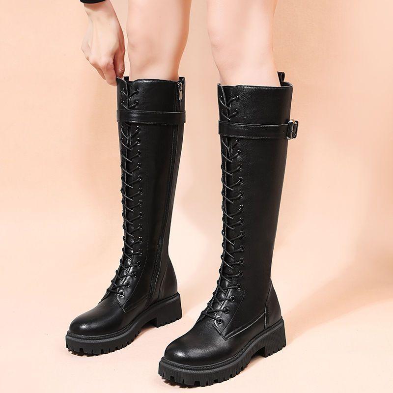 Women's Boots Biker Long Footwear Middle Heel Shoes For Woman New Rock Winter Knee High Shaft In Stylish Promotion Boot Pu