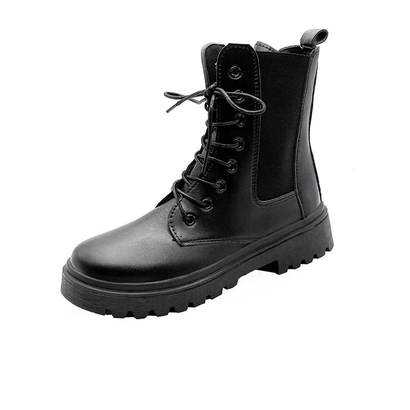 Women's Platform Motorcycle Boots Lace-up Black Pu Ankle Boots Soft Sole Non-slip Casual Shoes Thick Heel Round Toe Chelsea Boot