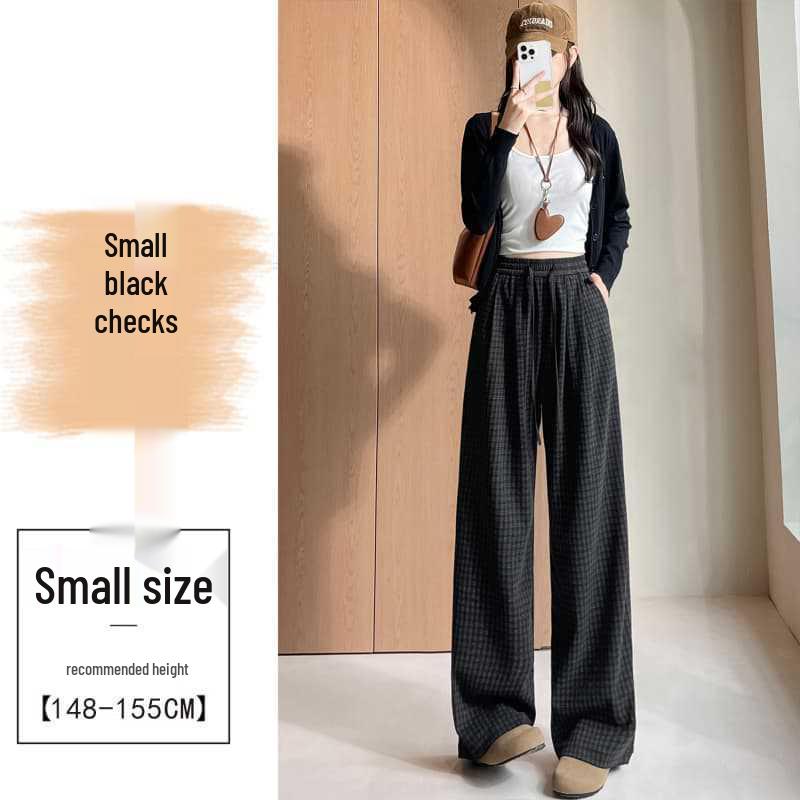 Женские осенние брюки 2025 года в синюю клетку с высокой талией и широкими штанинами на кулиске - Ретро, Стройнящий, Повседневный стиль