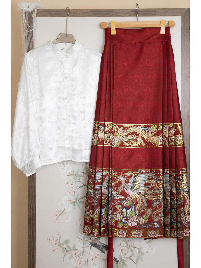 «2023 Оригинальная юбка в стиле ханьфу с изображением феникса и цветов, мордочки лошади — китайское красное помолвочное платье»