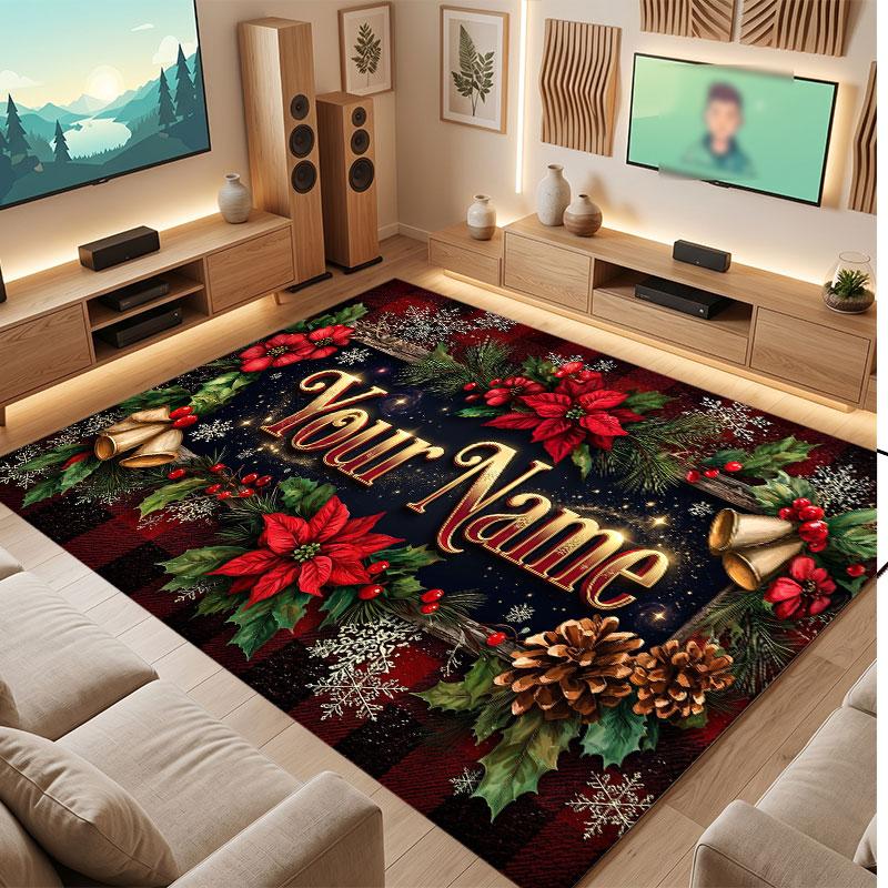 Christmas Winter Theme Crystal Velvet Floor Rug Personalized Custom Name Text Warm Carpet Home Decoration