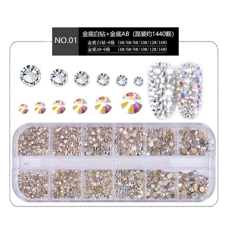 Nail Art Jewelry Set, High Silver Flat Bottom Diamond Ab Water Diamond Shiny Diamond Strip Box 1440 Pcs